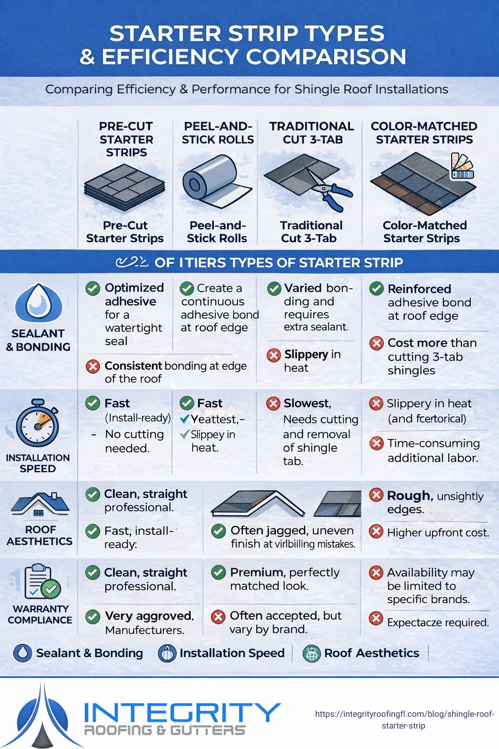 Comparison table of starter strip types and their efficiency - shingle roof starter strip infographic