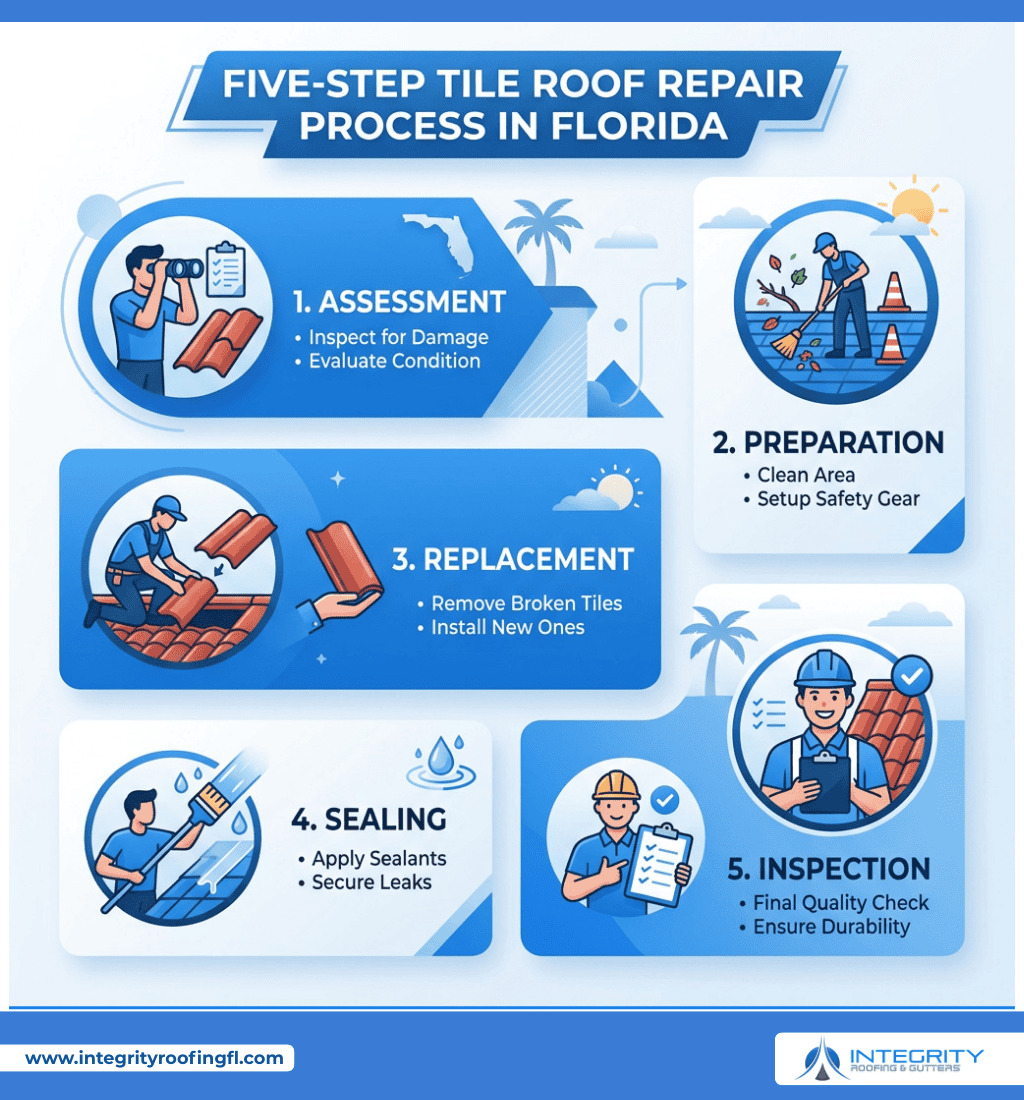 user-inserted Infographic showing five-step tile roof repair process in Florida including assessment, preparation, replacement, sealing