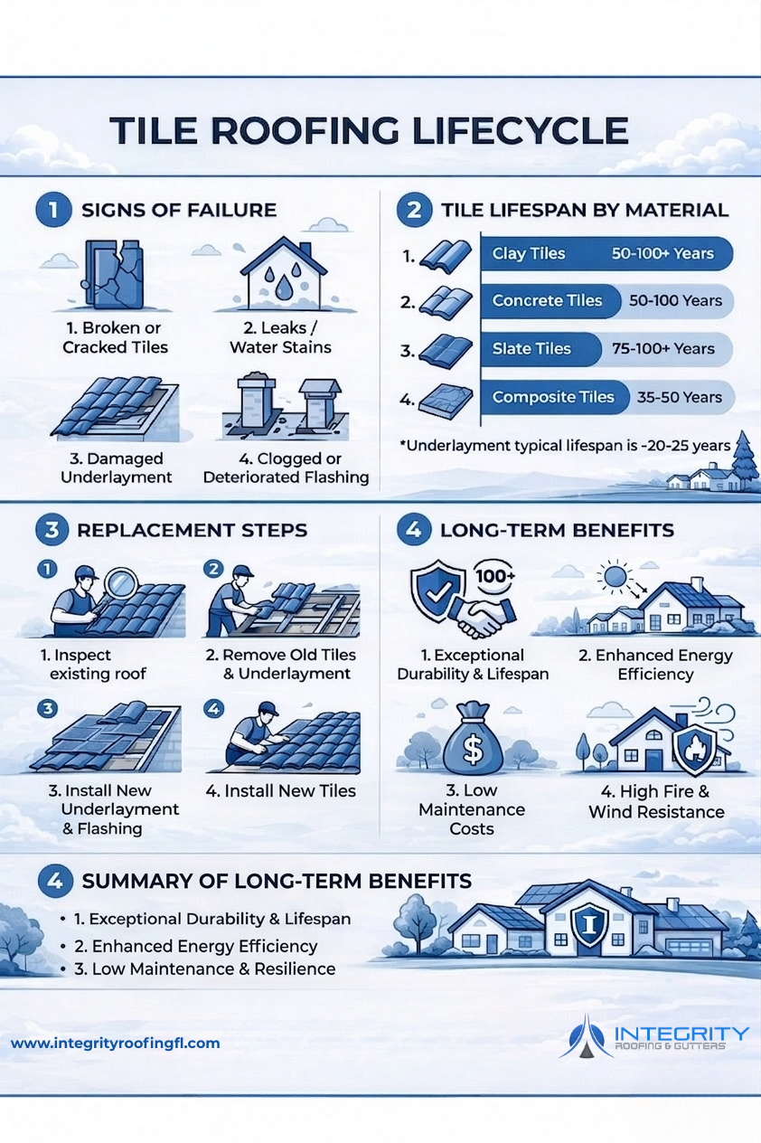  Infographic illustrating the benefits of a tile roofing life cycle, highlighting durability, energy efficiency, and sustainability.