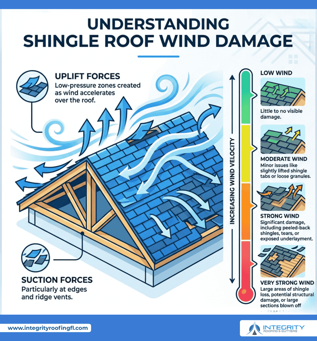 user-inserted Infographic illustrating the effects of wind on shingle roofs. Shows uplift and suction forces, highlighting the impact of increasing wind velocity, from low wind to very strong wind. Depicts potential damage, including lifted shingles, torn sections, and structural damage.
