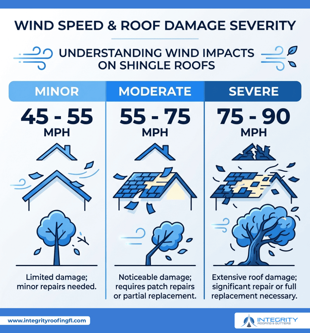user-inserted nfographic explaining the impact of wind speed on shingle roofs, showing three categories: Minor (45-55 MPH), Moderate (55-75 MPH), and Severe (75-90 MPH) wind speeds, with corresponding roof damage severity and required repairs.