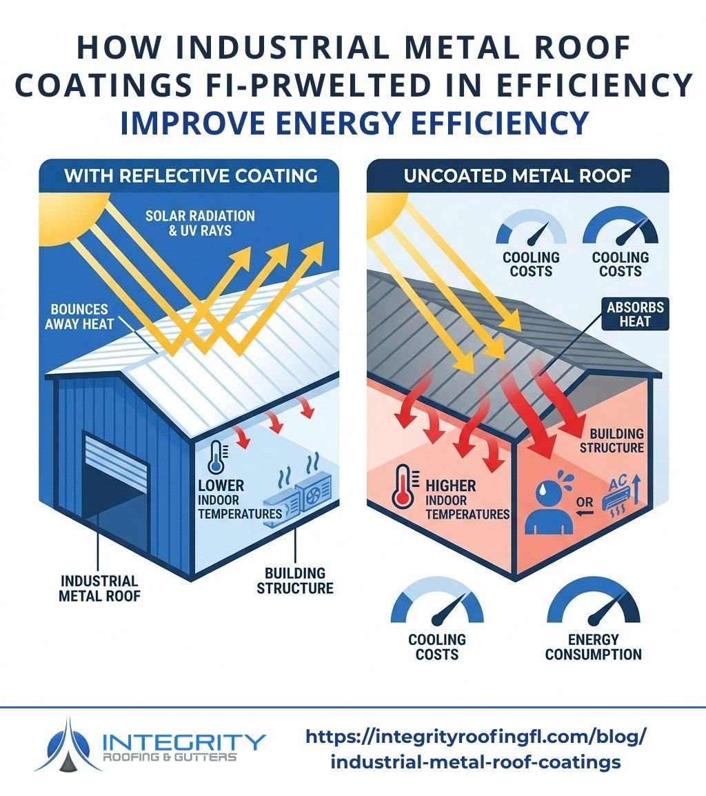 Infographic showing how reflective coatings bounce UV rays away while uncoated metal absorbs heat into the building
