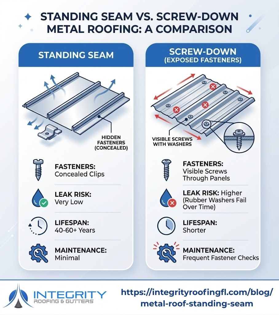 Infographic comparing standing seam vs screw-down (exposed fasteners) metal roofing. Highlights key differences in fasteners, leak risk, lifespan, and maintenance. Standing seam offers concealed clips, very low leak risk, and minimal maintenance, while screw-down roofing has visible screws, higher leak risk, and requires frequent fastener checks.